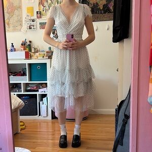 Eva Franco White with Black Polka Dot Ruffle Midi Dress